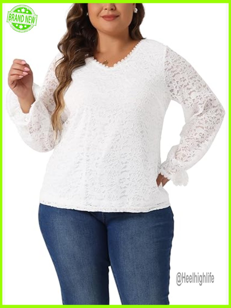 Plus Size Lace V Neck Long Sleeve Sheer Floral Blouse Tunic Top